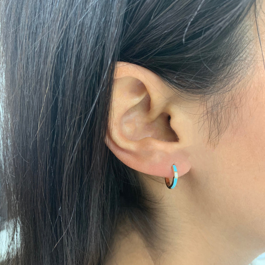 14K Gold Turquoise Enamel Baguette Huggie Earrings