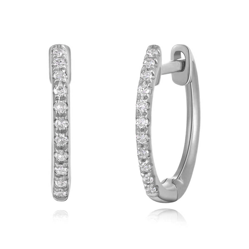 14K Gold Diamond Huggie Earrings - White