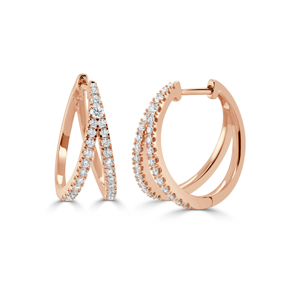14K Gold Diamond Double Row Hoop Earrings - Rose