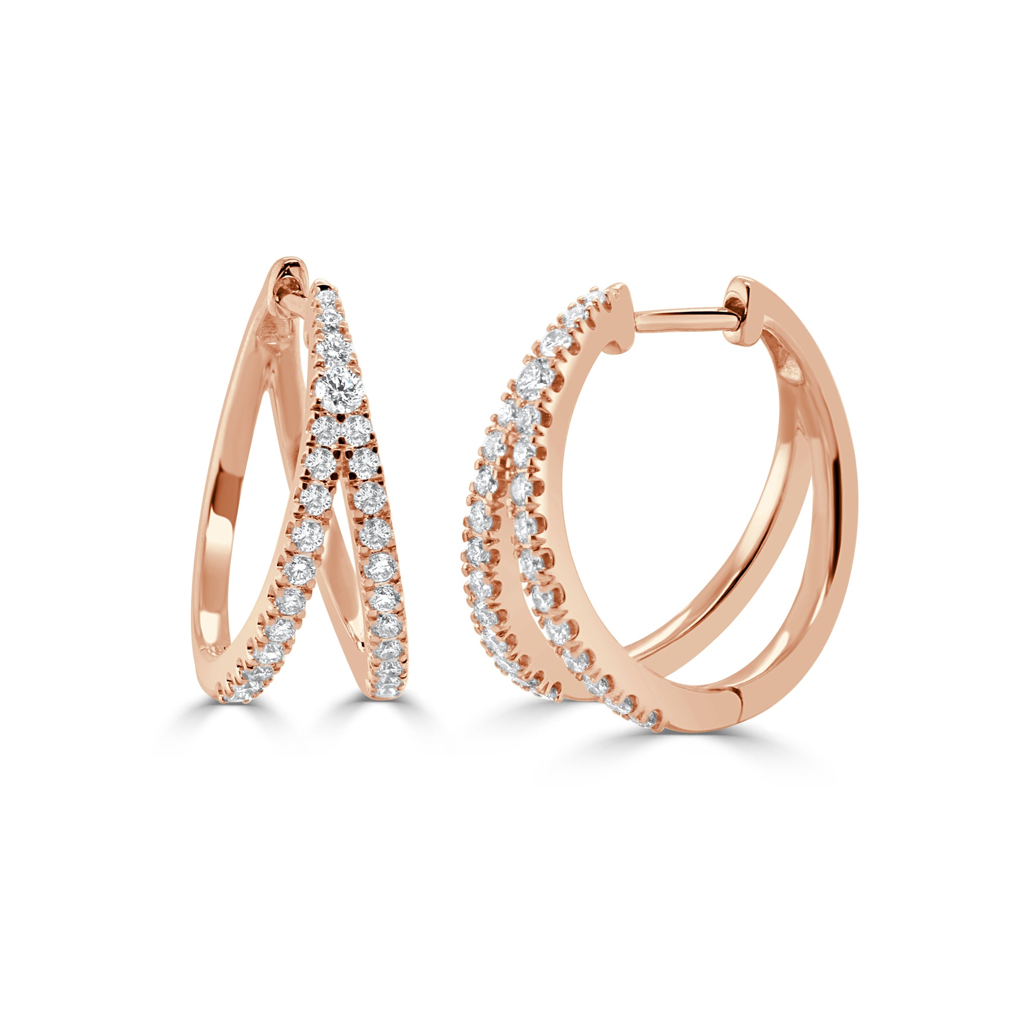14K Gold Diamond Double Row Hoop Earrings - Rose