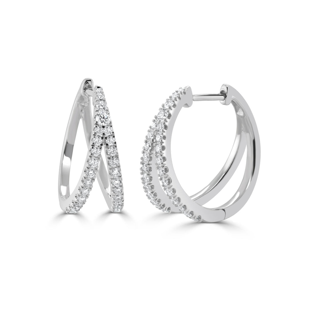 14K Gold Diamond Double Row Hoop Earrings - White