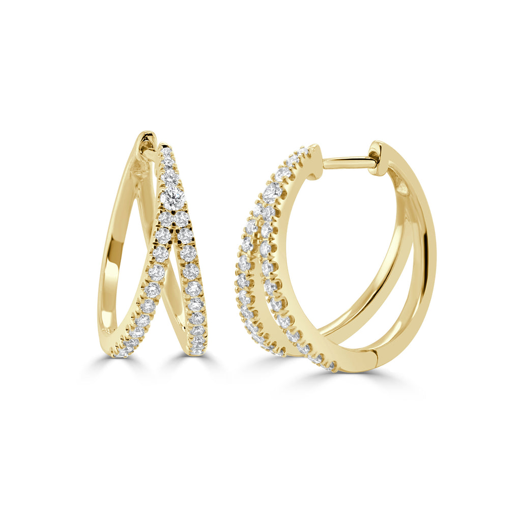 14K Gold Diamond Double Row Hoop Earrings - Yellow