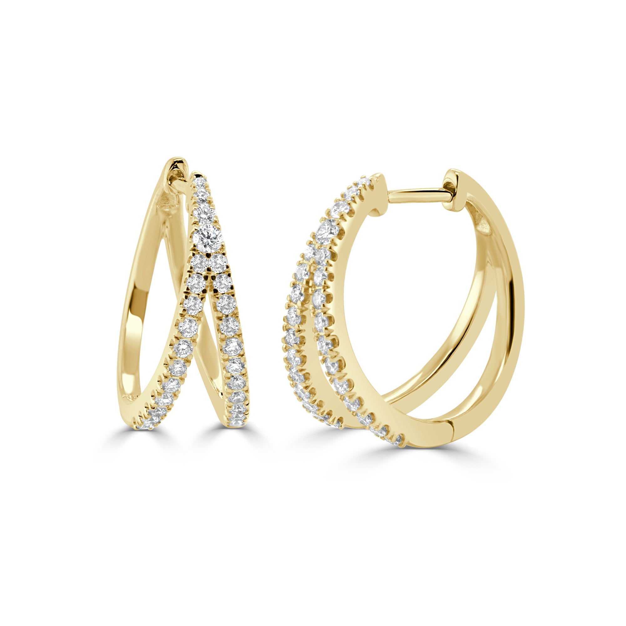 14K Gold Diamond Double Row Hoop Earrings - Yellow