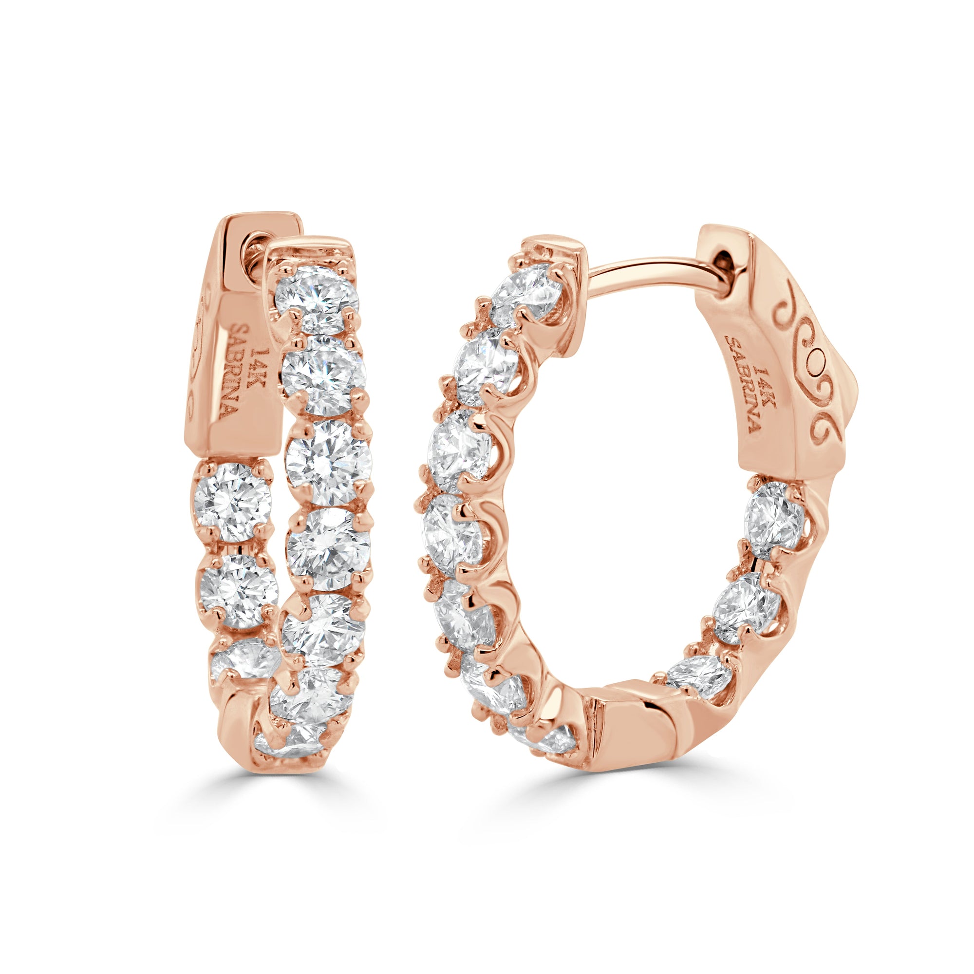 14K Gold Round Diamond Hoop Earrings - Rose