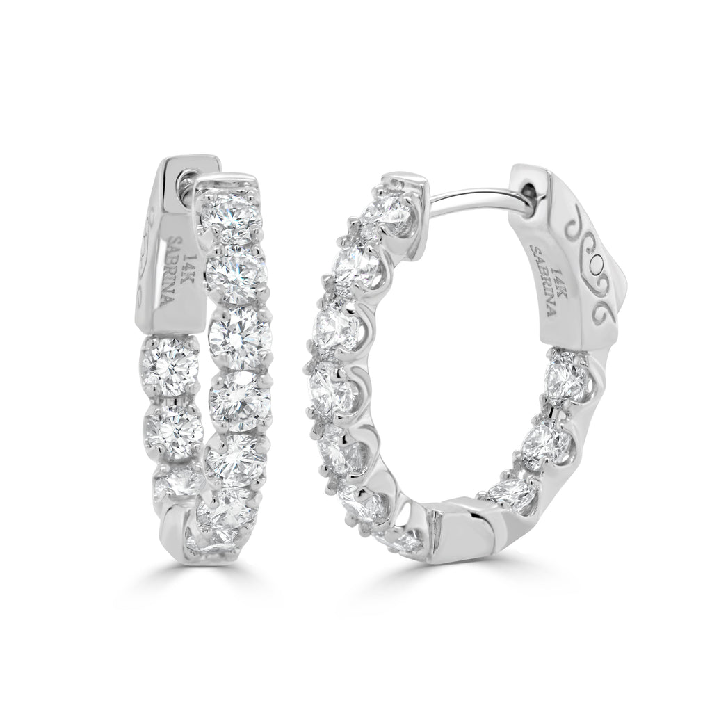 14K Gold Round Diamond Hoop Earrings - White