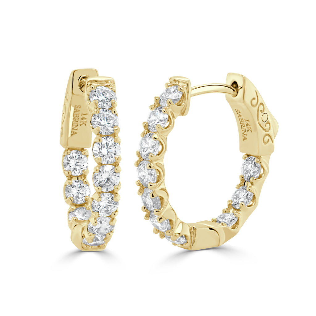 14K Gold Round Diamond Hoop Earrings   - Yellow