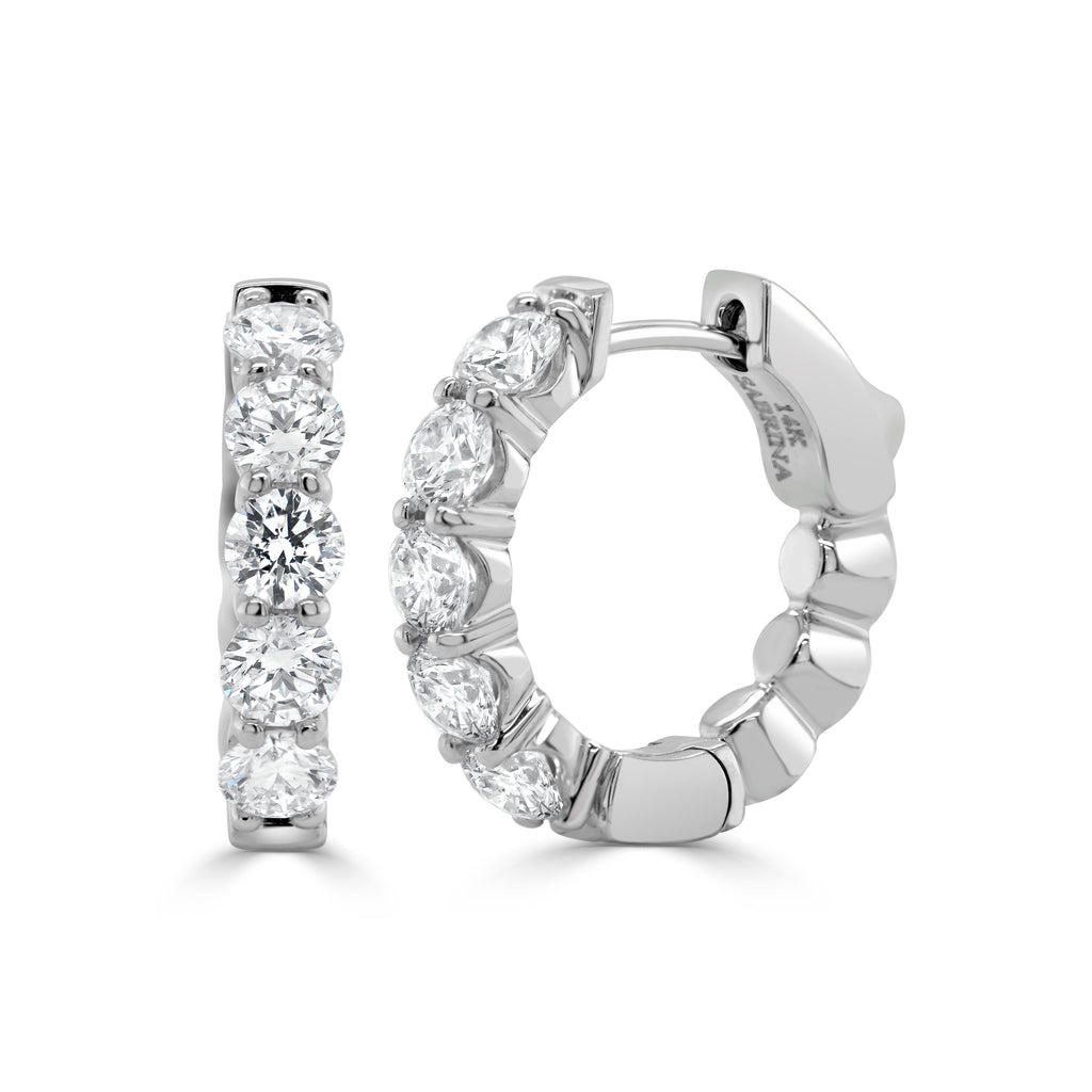14K Gold Round Diamond Huggie Hoop Earrings – White