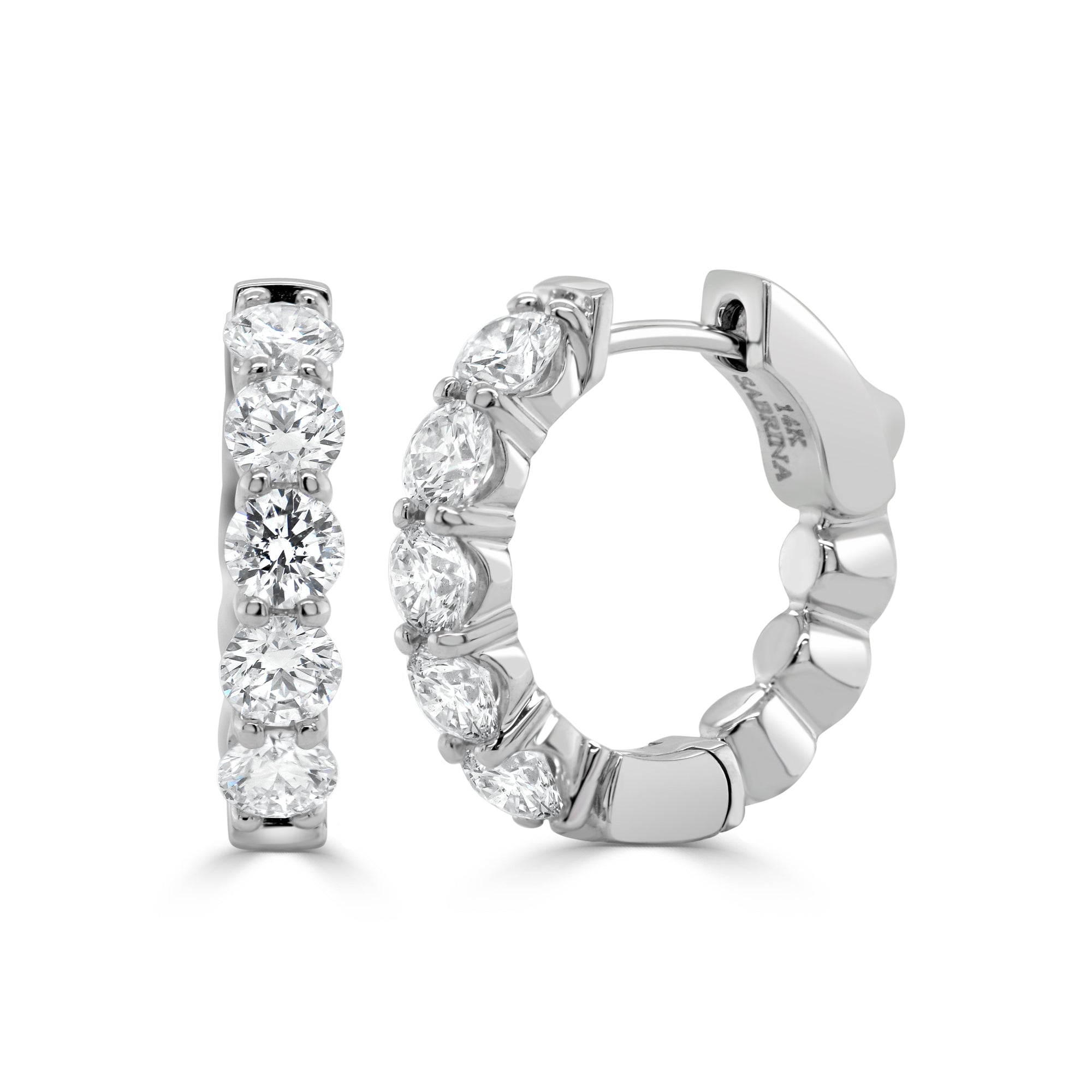 14K Gold Round Diamond Huggie Hoop Earrings – White