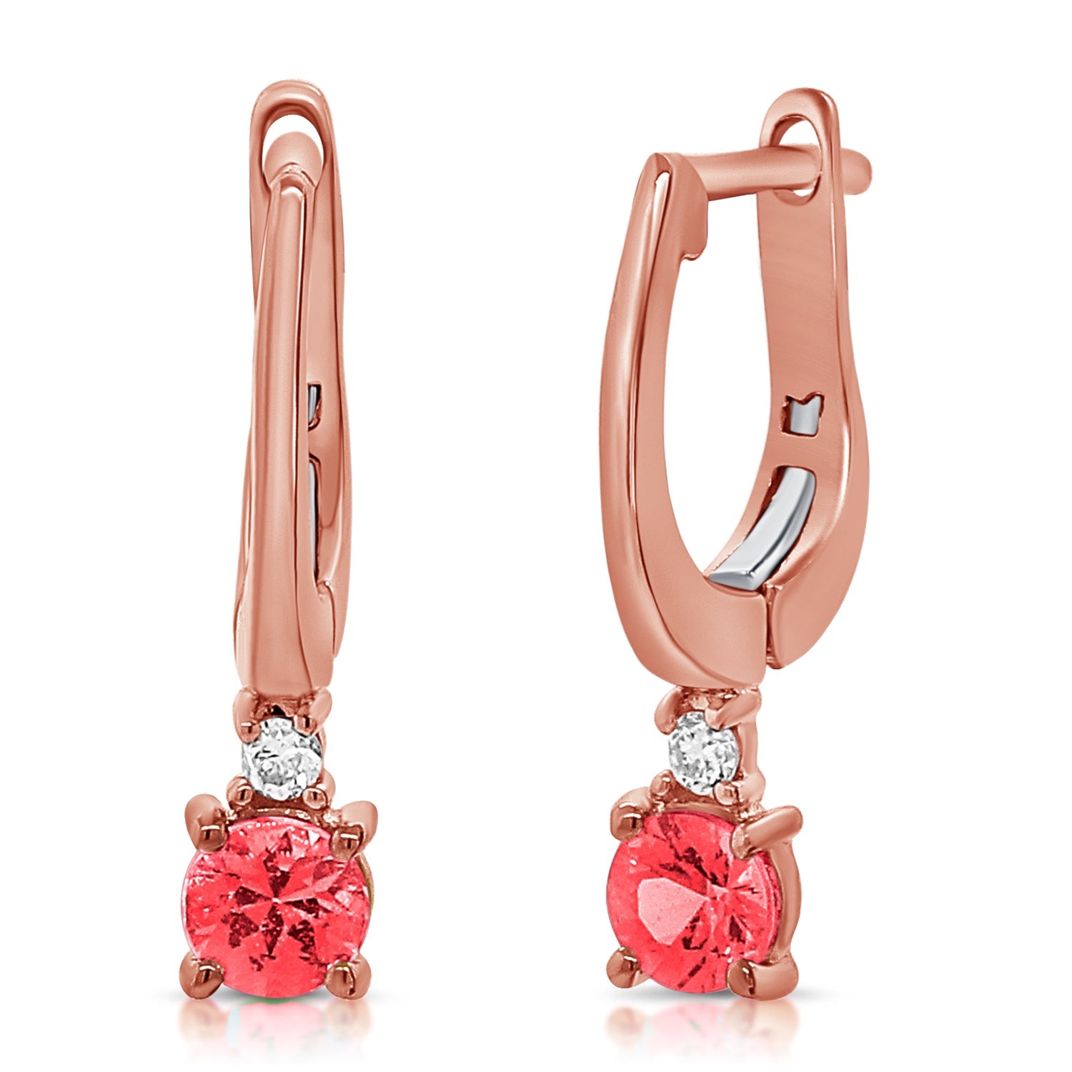 14K Gold Ruby & Diamond Drop Huggie Earrings-Rose