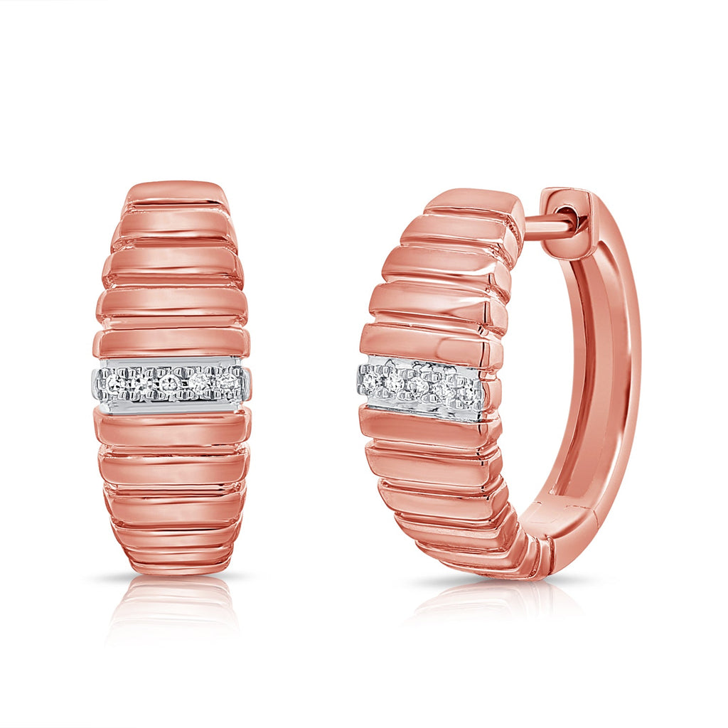 14K Gold Ribbed Diamond Hoop Earrings - Rose