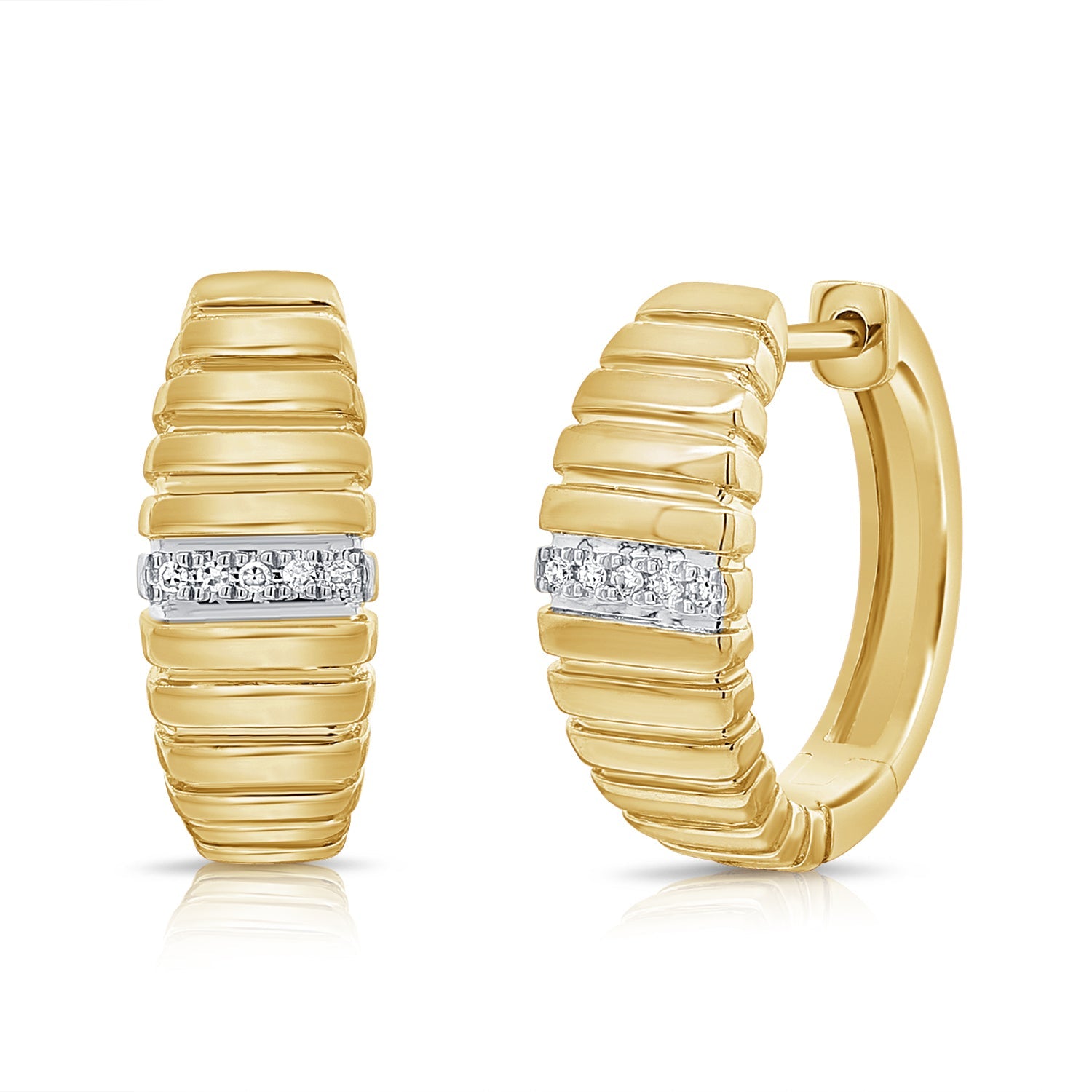 14K Gold Ribbed Diamond Hoop Earrings - Yellow