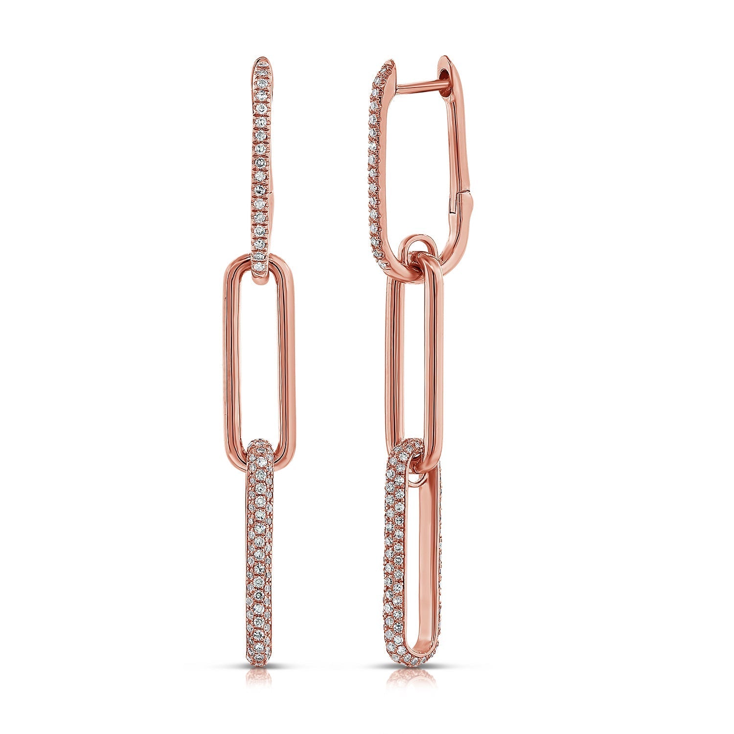 14K Gold Diamond Paperclip Link Dangle Earrings-Rose