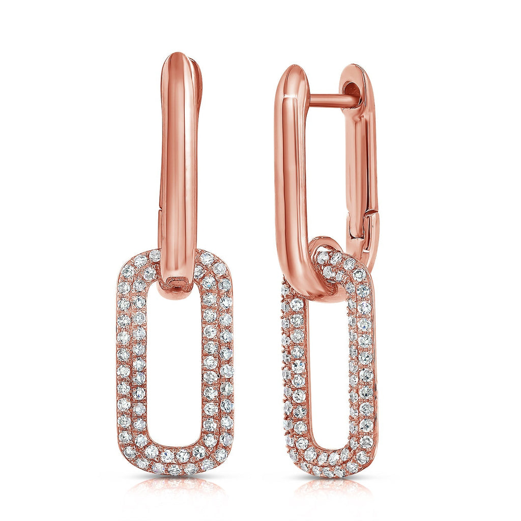 14k Gold & Diamond Paperclip Link Drop Earrings - Rose