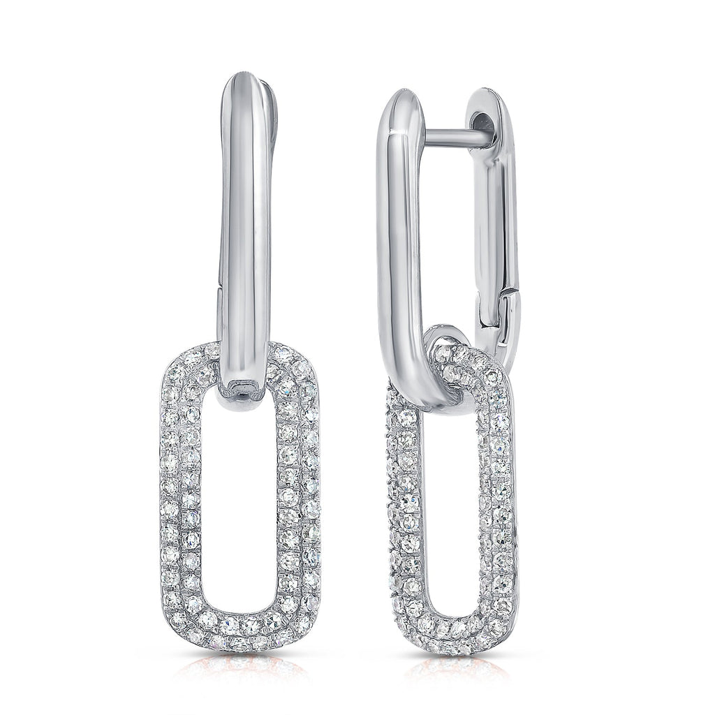 14k Gold & Diamond Paperclip Link Drop Earrings - White