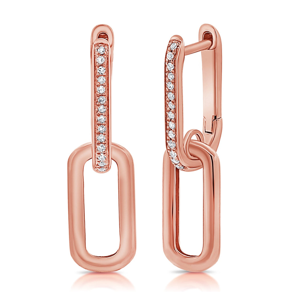 14K Gold Diamond Paperclip Link Dangle Earrings - Rose