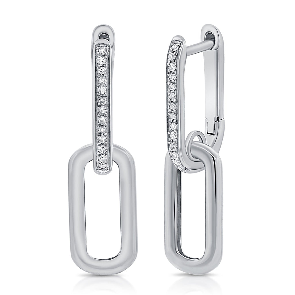 14K Gold Diamond Paperclip Link Dangle Earrings - White