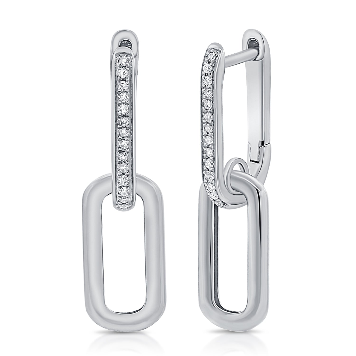 14K Gold Diamond Paperclip Link Dangle Earrings - White