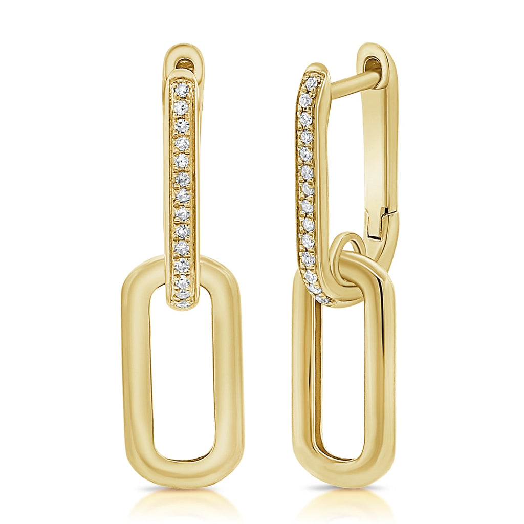 14K Gold Diamond Paperclip Link Dangle Earrings - Yellow