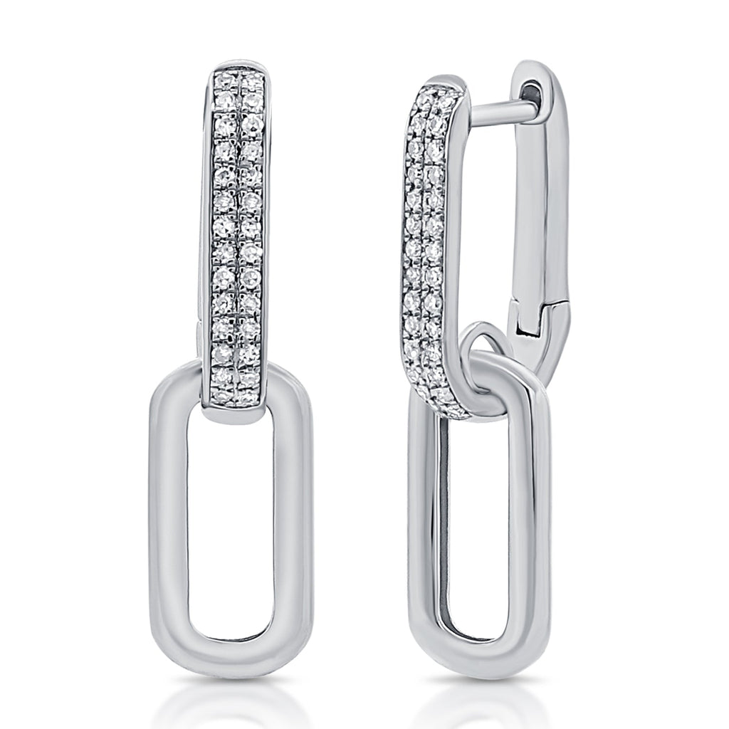 14K Gold Diamond Paperclip Link Dangle Earrings - White