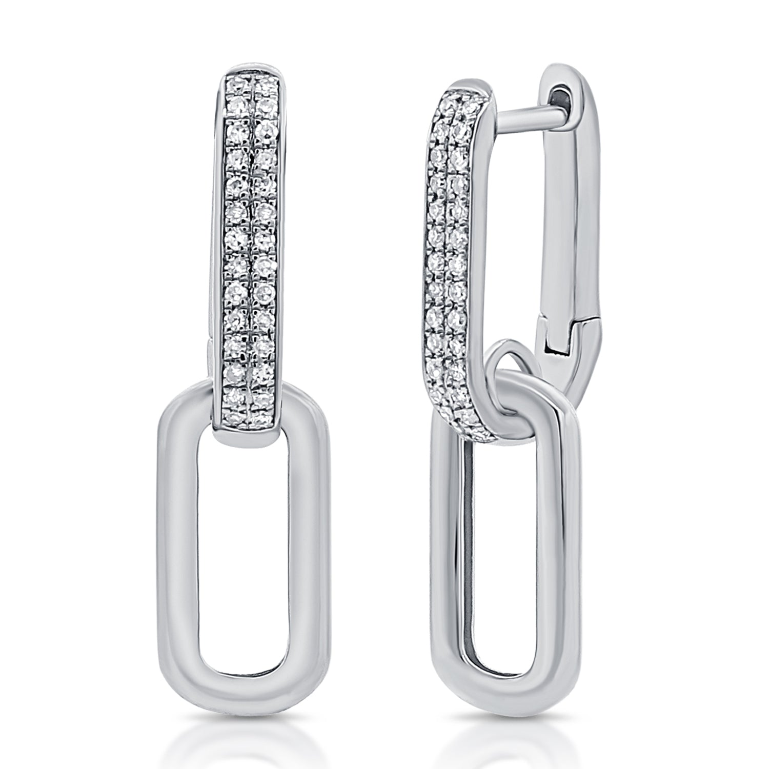 14K Gold Diamond Paperclip Link Dangle Earrings - White