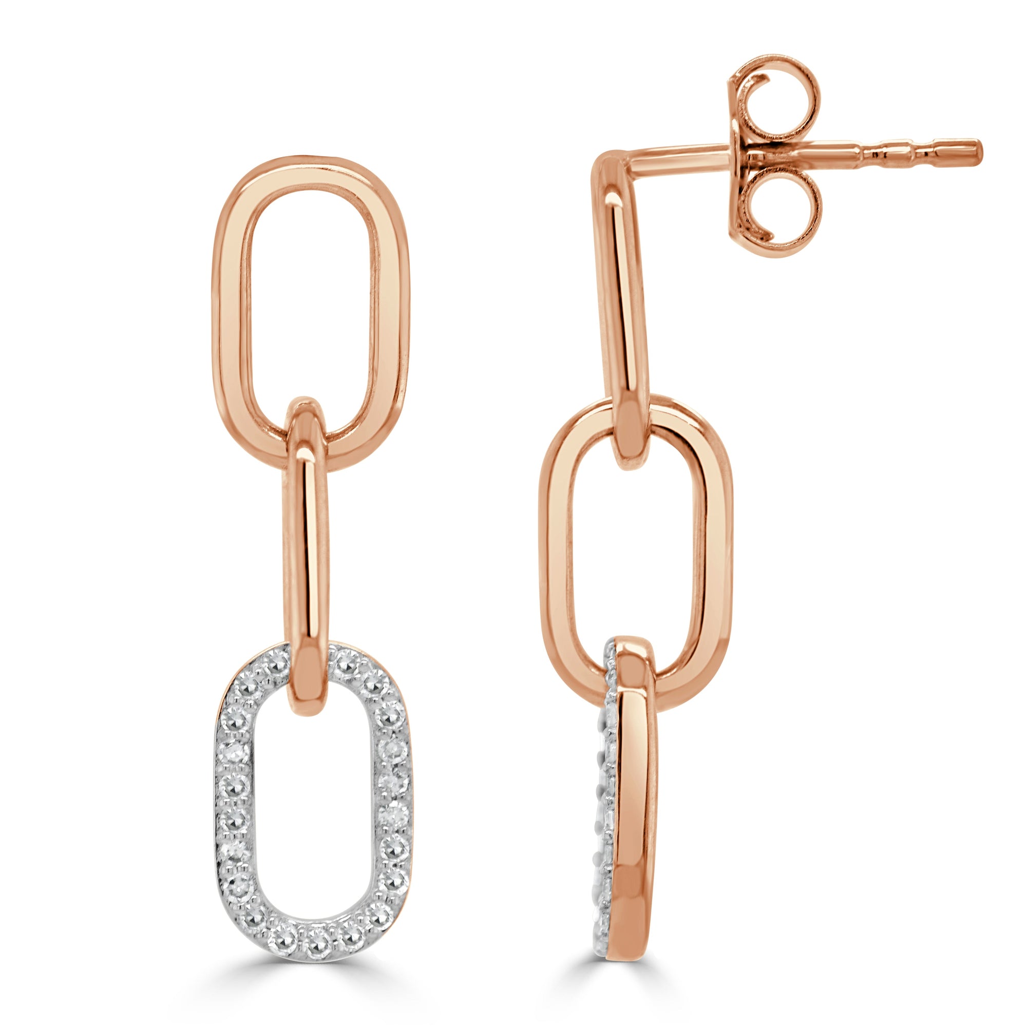 14K Gold & Diamond Paperclip Link Dangle Stud Earrings-Rose