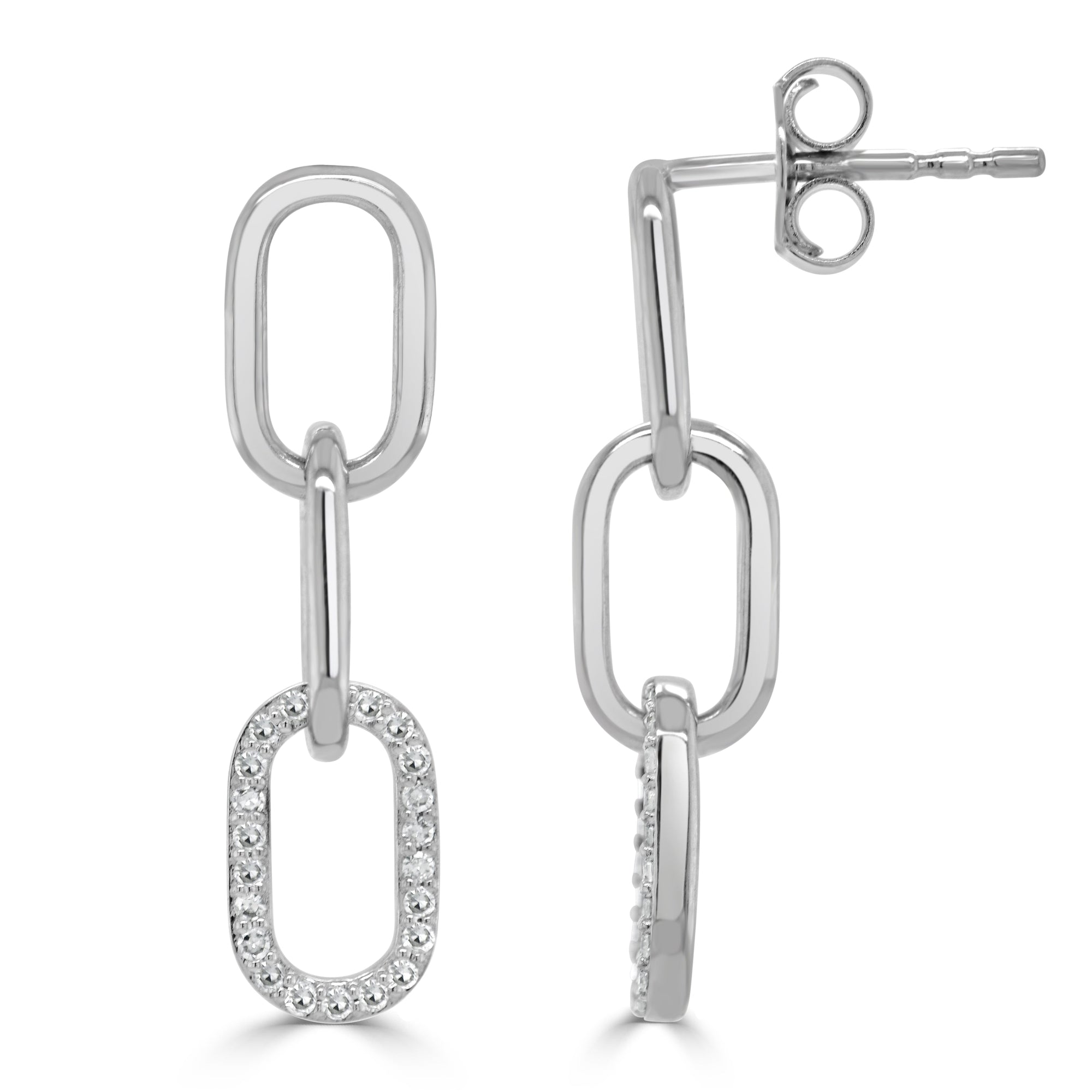 14K Gold & Diamond Paperclip Link Dangle Stud Earrings-White