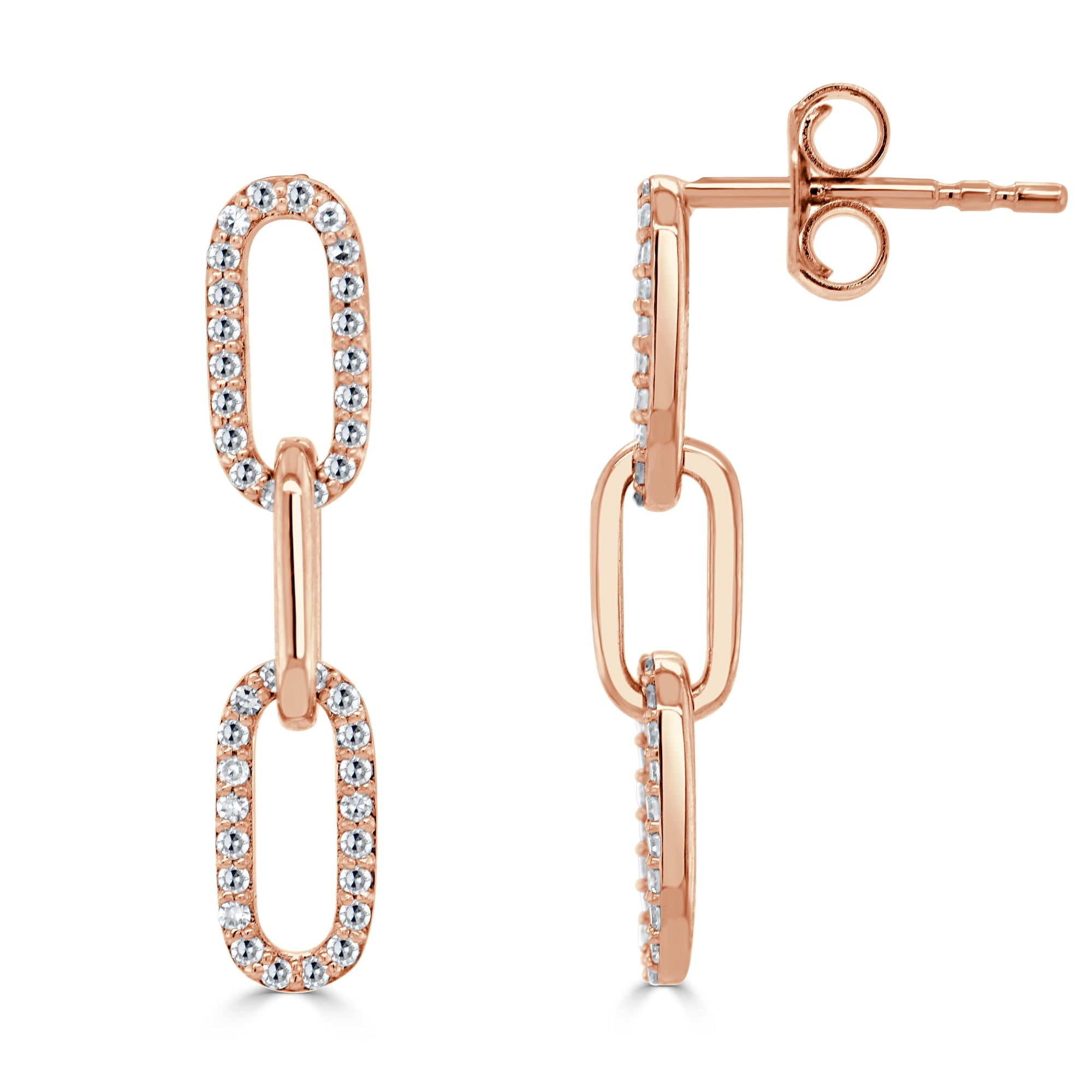 14K Gold Diamond Paperclip Link Dangle Stud Earrings - Rose