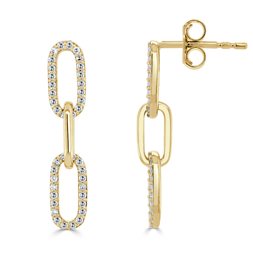 14K Gold Diamond Paperclip Link Dangle Stud Earrings - Yellow