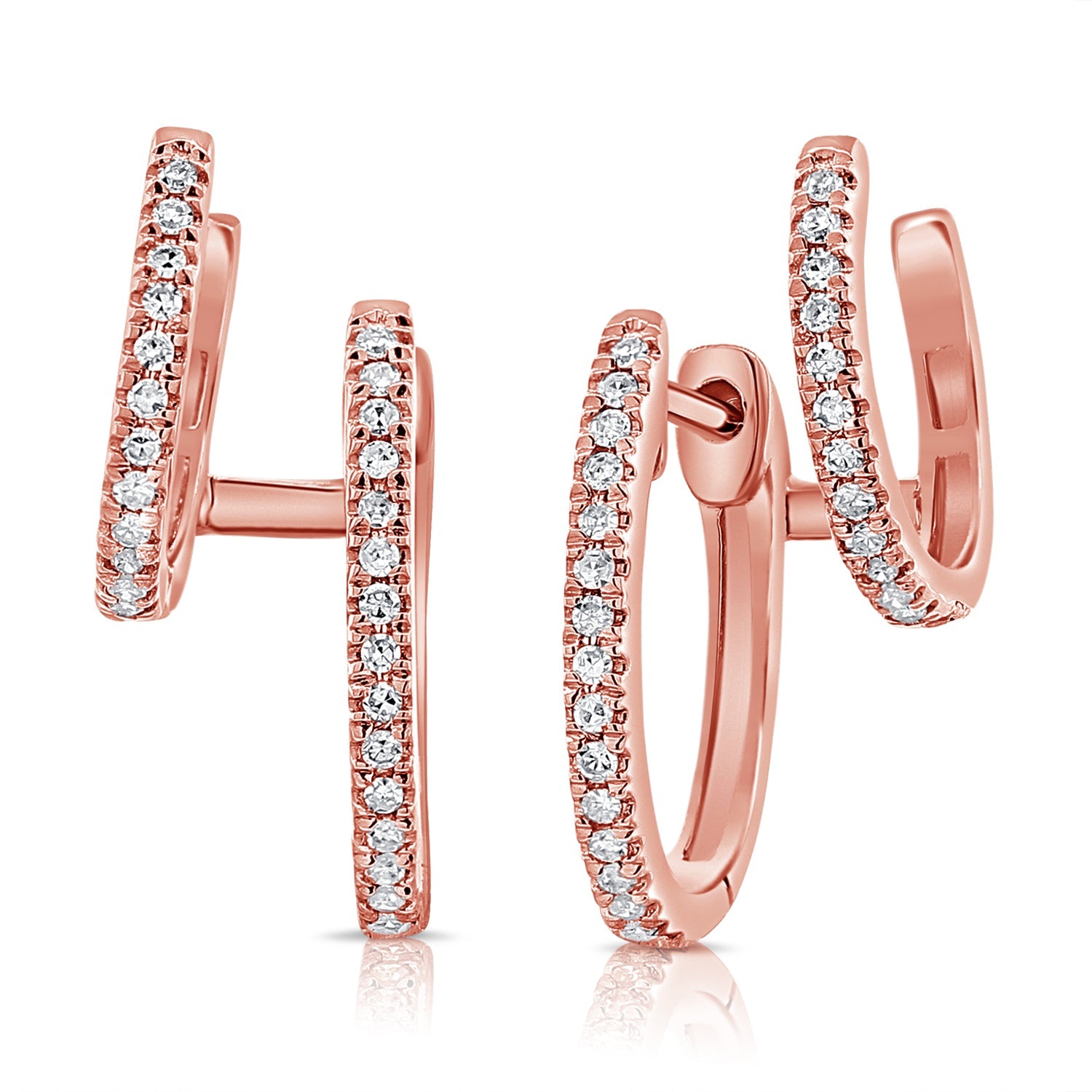 14K Gold Diamond Double Huggie Cuff Earrings-Rose