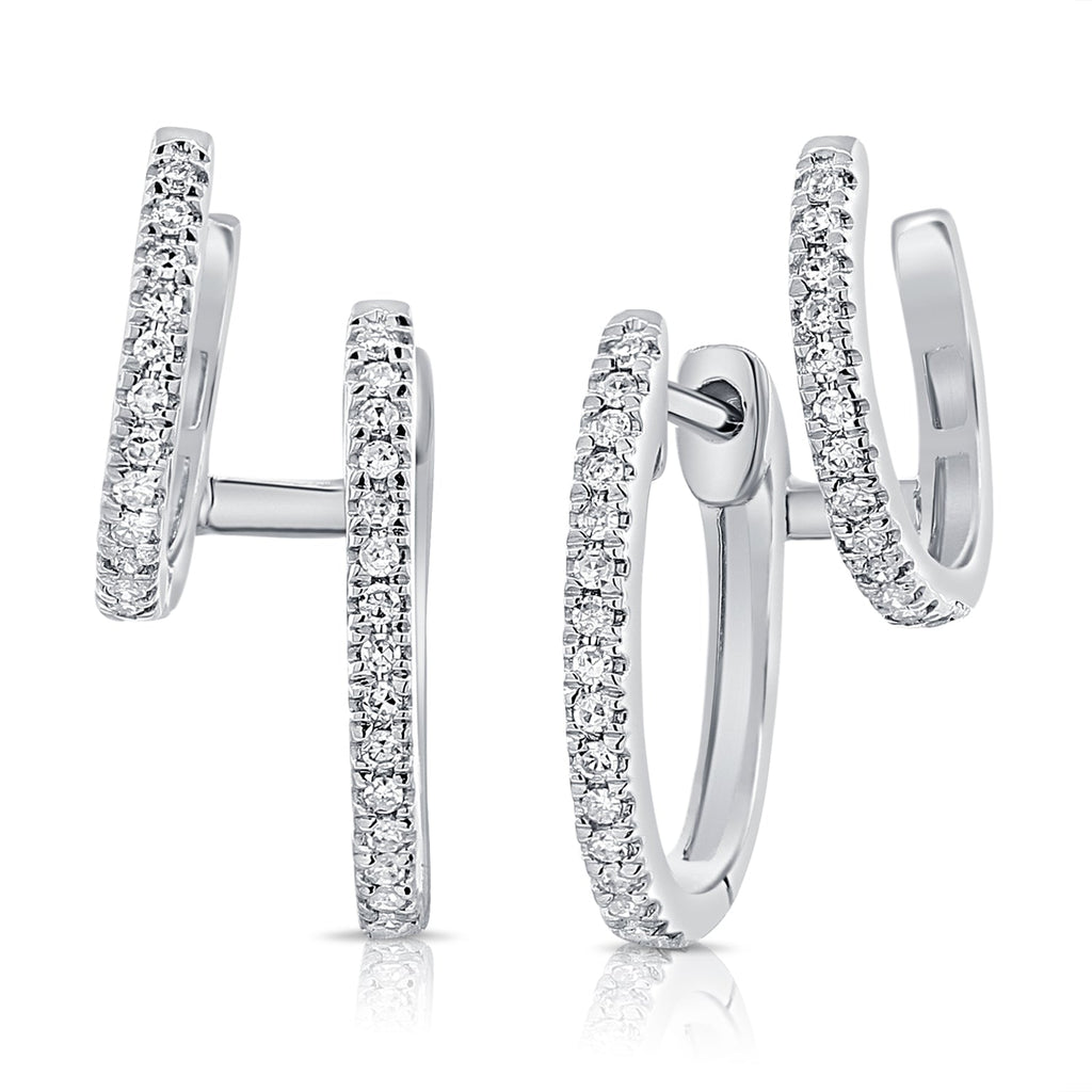 14K Gold Diamond Double Huggie Cuff Earrings-White