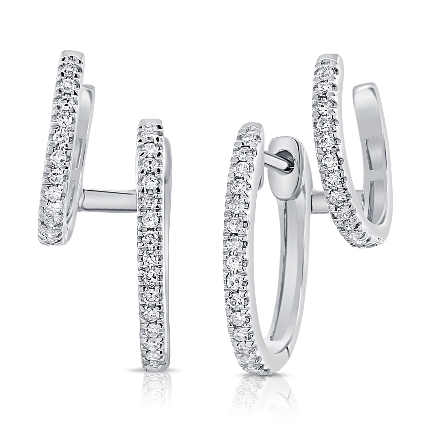14K Gold Diamond Double Huggie Cuff Earrings-White