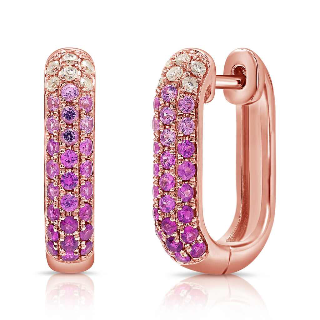 14K Gold Pink Sapphire & Diamond Hoop Earrings-Rose