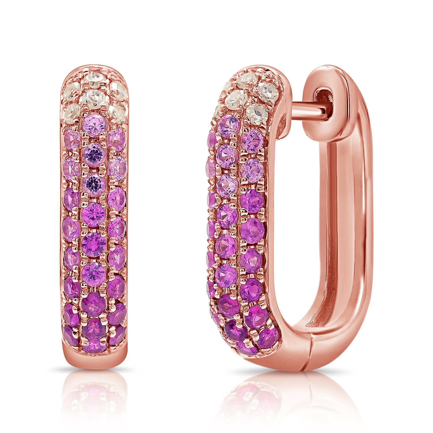 14K Gold Pink Sapphire & Diamond Hoop Earrings-Rose