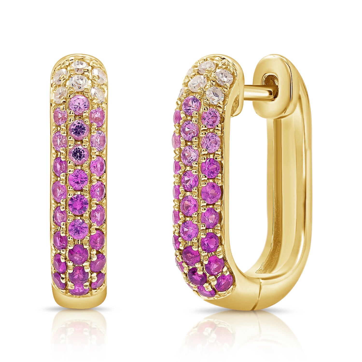 14K Gold Pink Sapphire & Diamond Hoop Earrings-Yellow