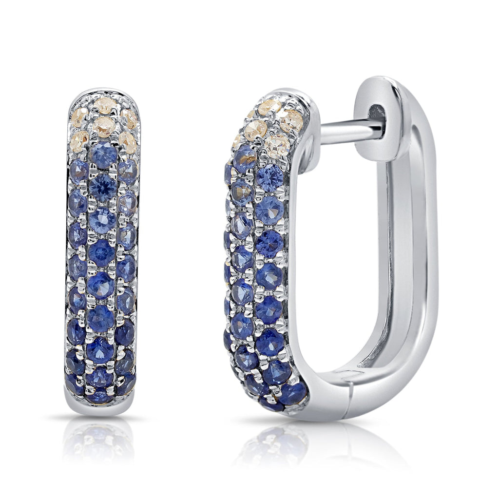 14K Gold Sapphire & Diamond Hoop Earrings-White