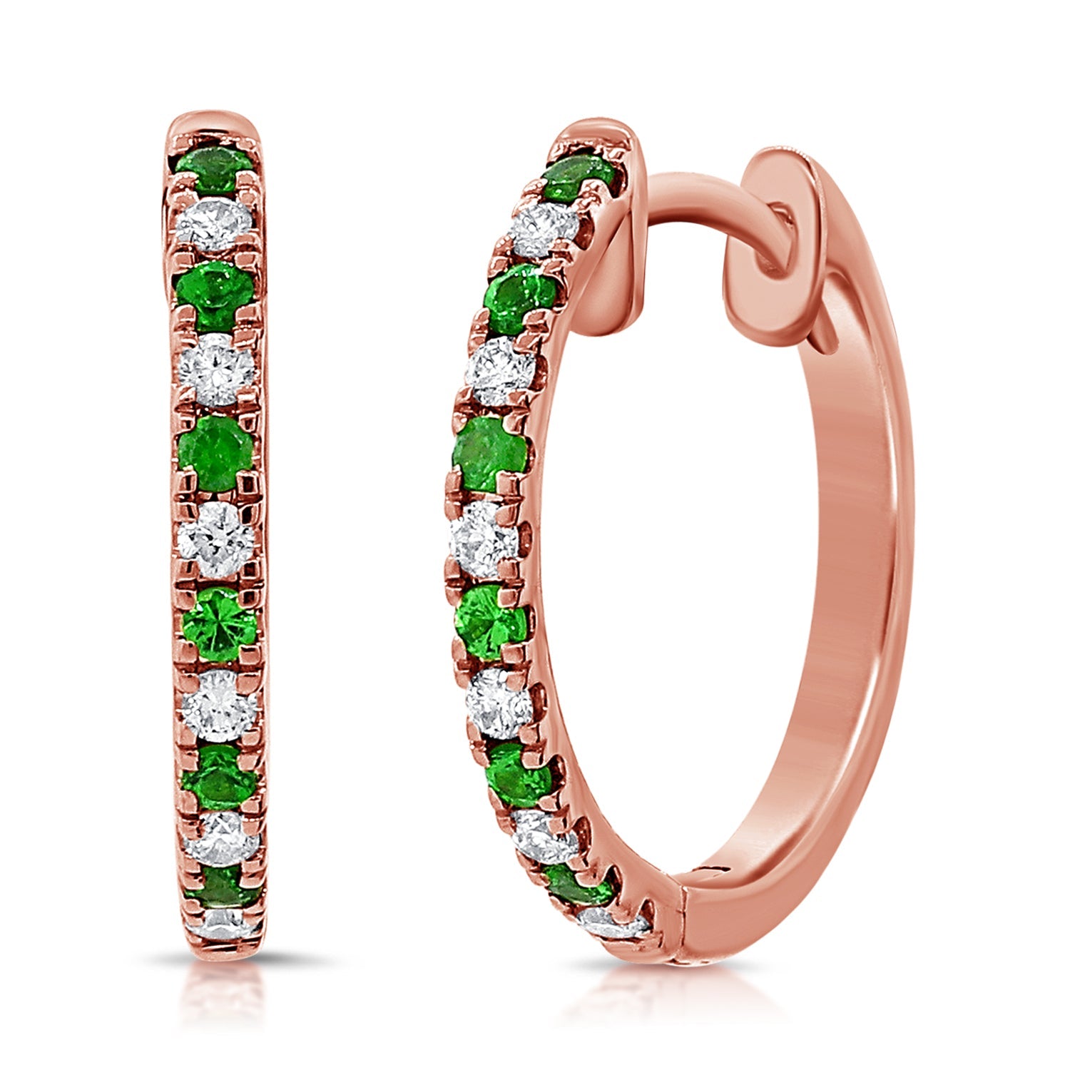 14K Gold Tsavorite & Diamond Alternating Huggie Earrings-Rose