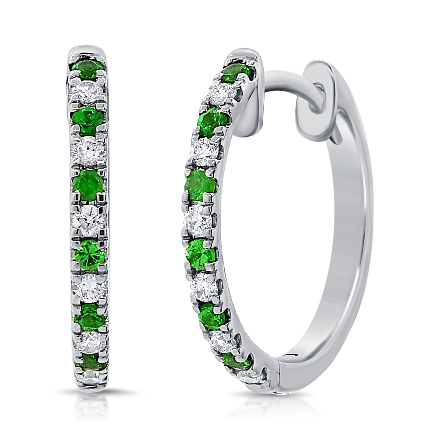 14K Gold Tsavorite & Diamond Alternating Huggie Earrings-White