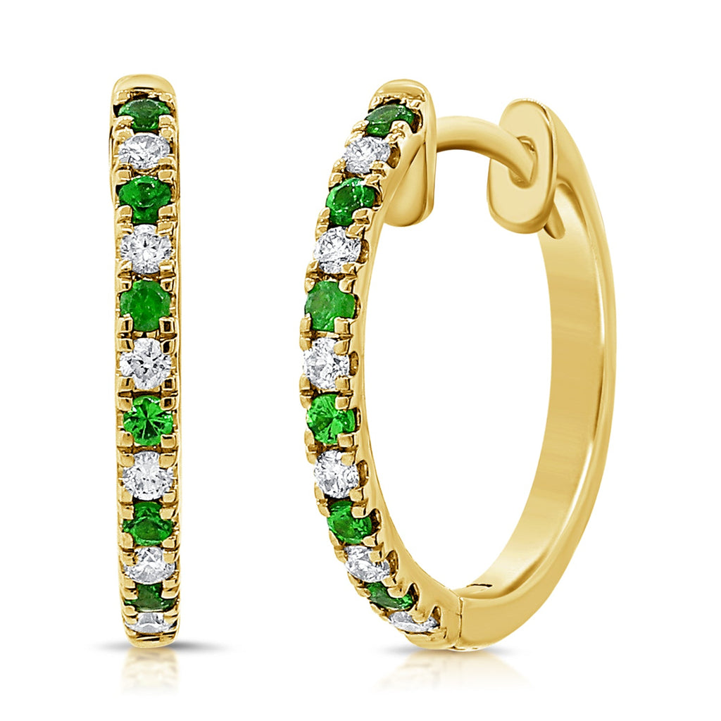 14K Gold Tsavorite & Diamond Alternating Huggie Earrings-Yellow