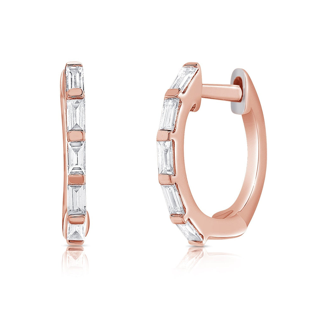 14K Gold Diamond Baguette Huggie Earrings – Rose