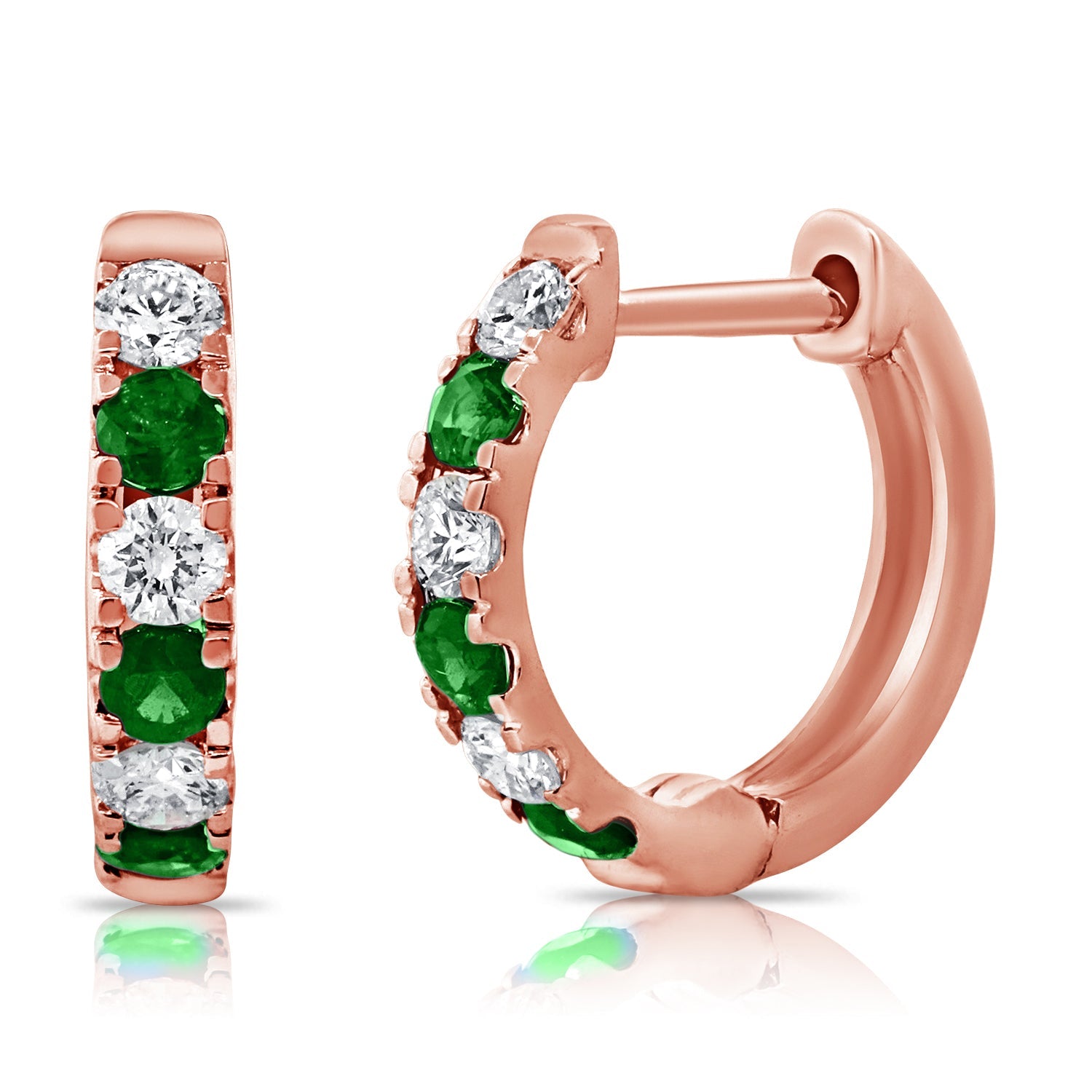 14K Gold Emerald & Diamond Alternating Huggie Earrings-Rose