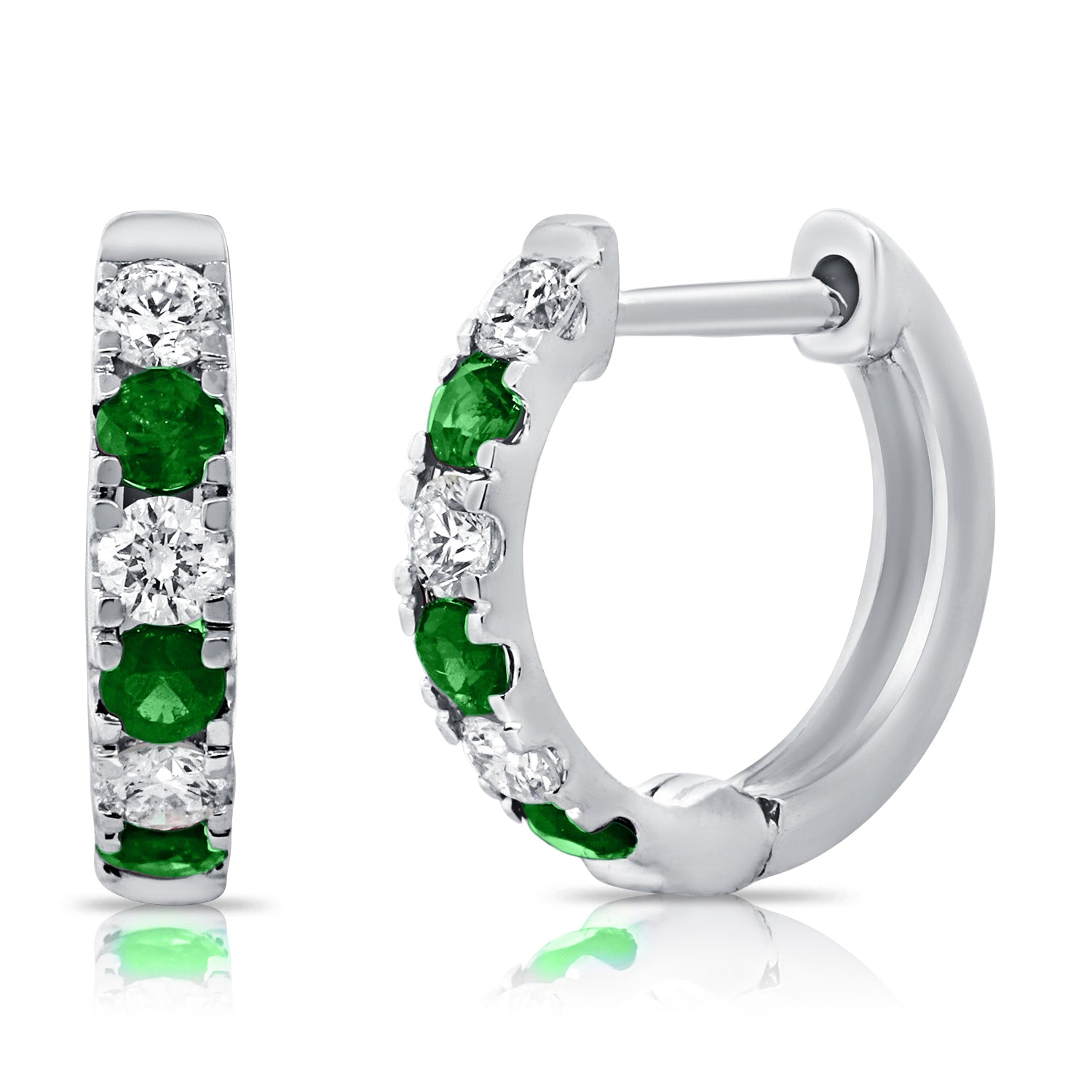 14K Gold Emerald & Diamond Alternating Huggie Earrings-White