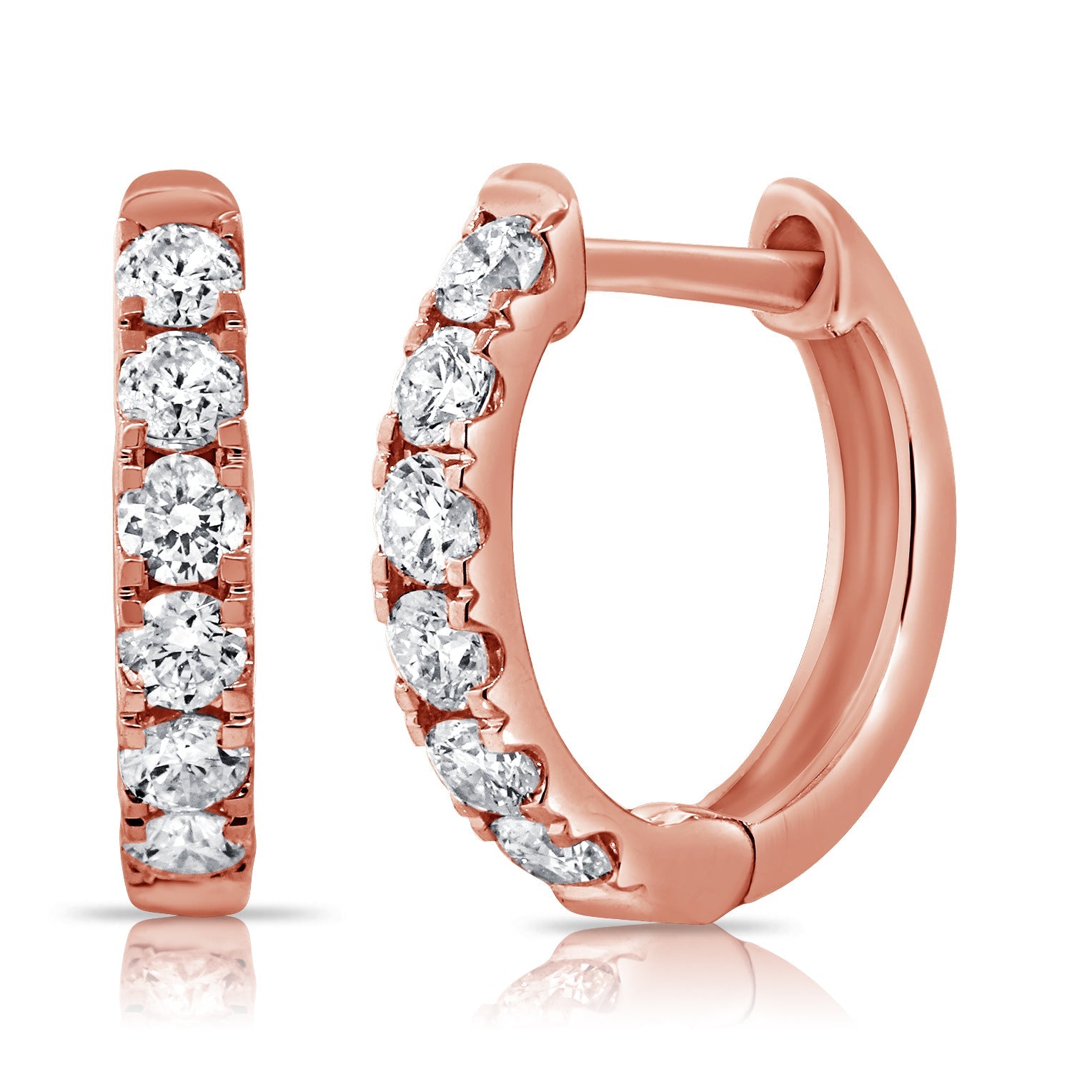 14K Gold Diamond Huggie Hoop Earrings - Rose