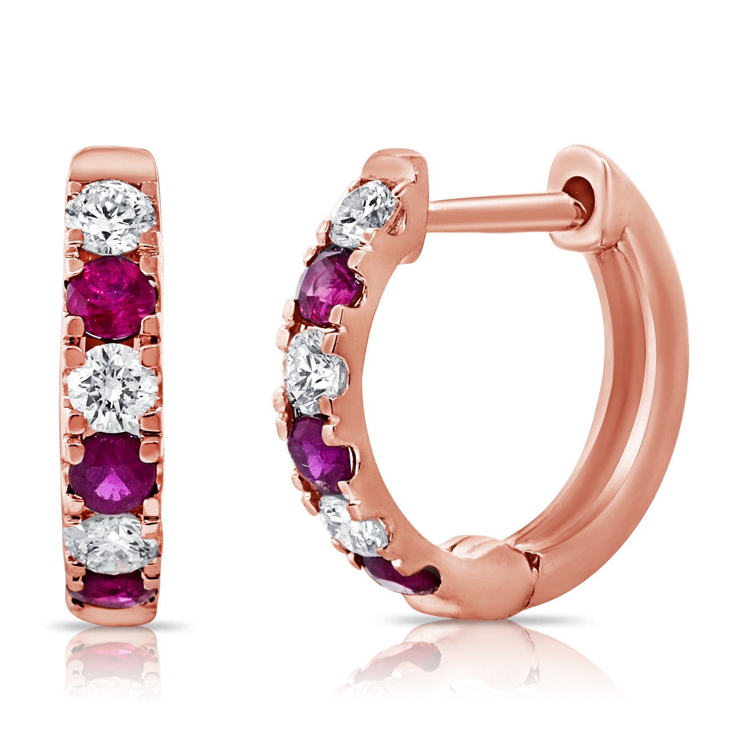 14K Gold Diamond & Ruby Alternating Huggie Earring-Rose