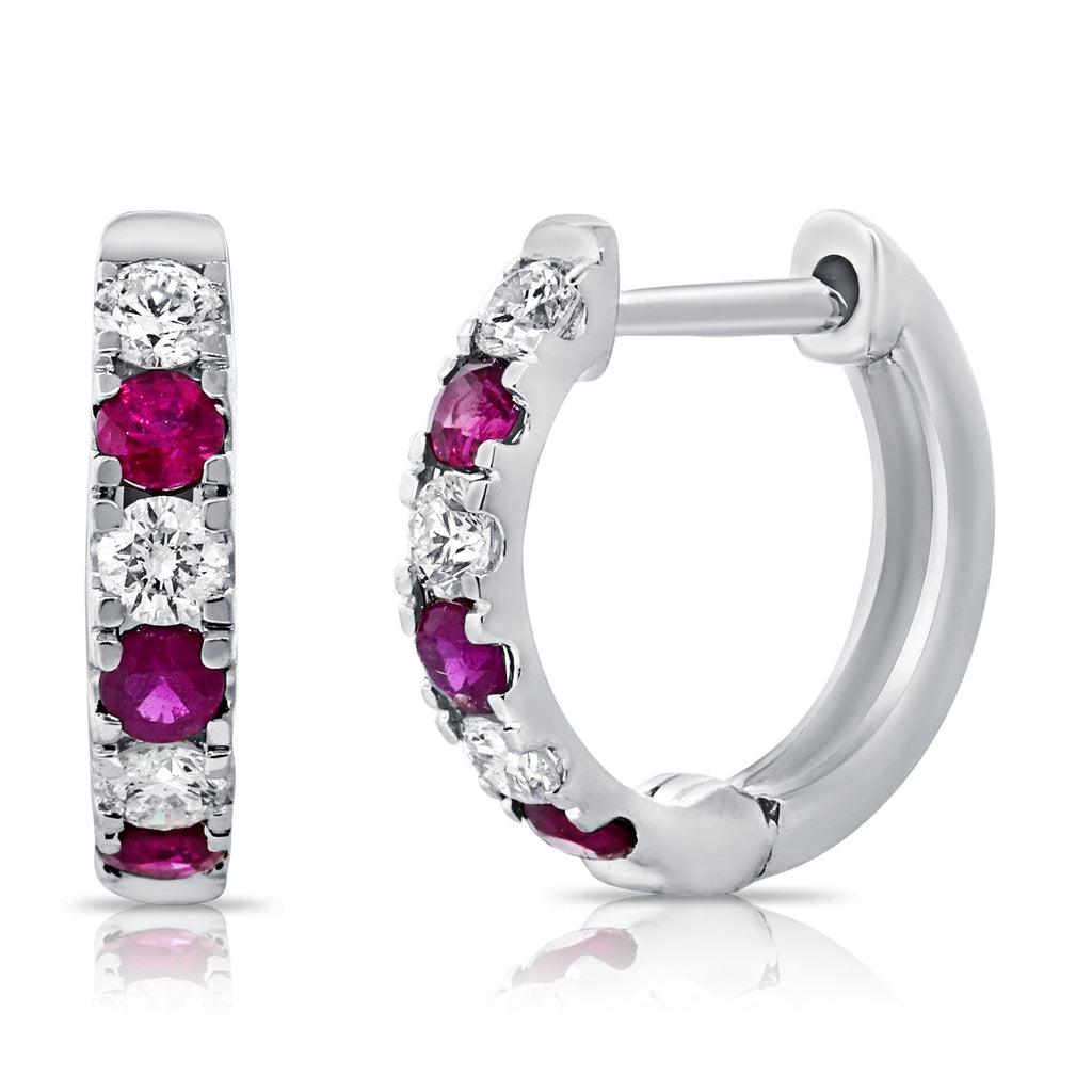 14K Gold Diamond & Ruby Alternating Huggie Earring-White