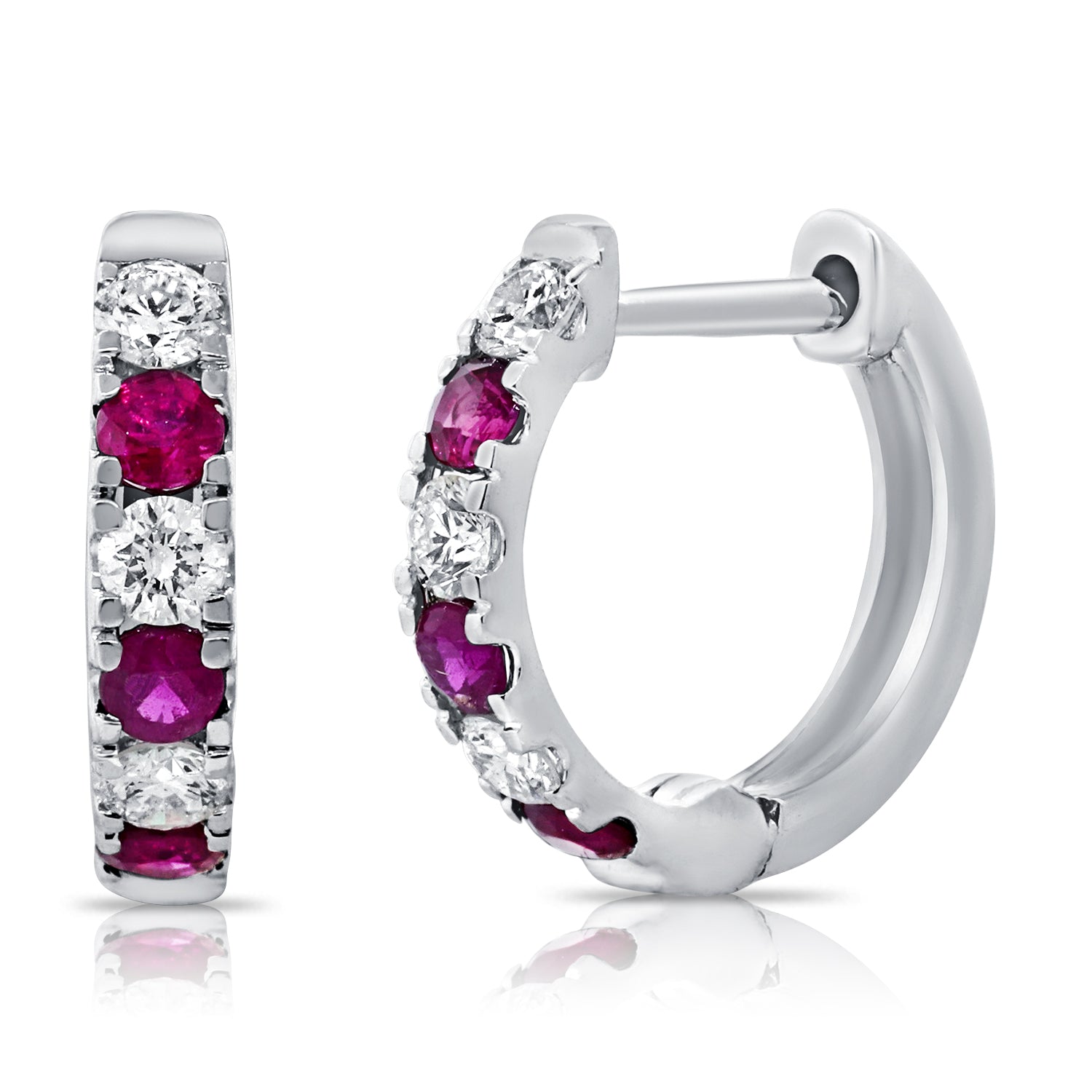 14K Gold Diamond & Ruby Alternating Huggie Earring-White
