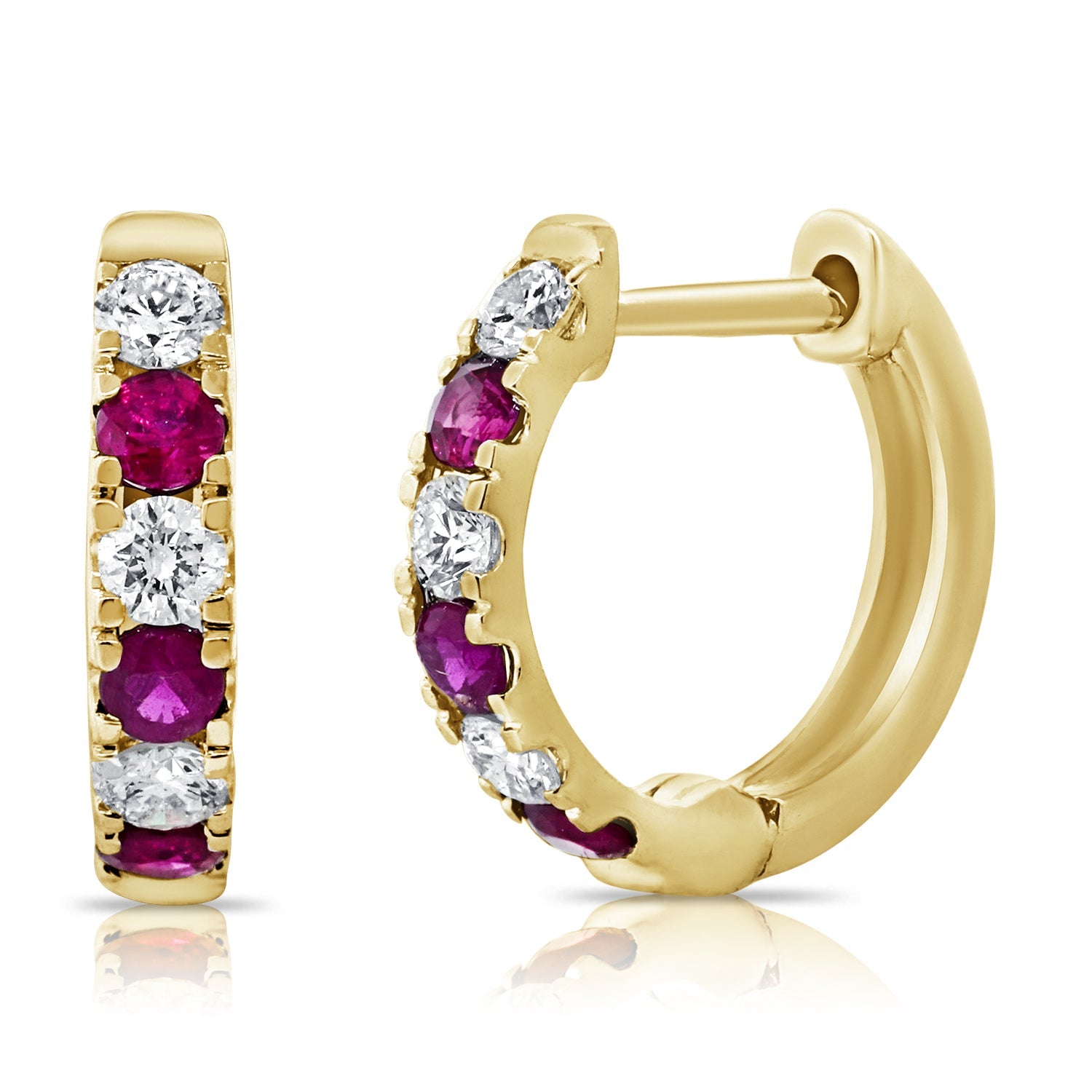 14K Gold Diamond & Ruby Alternating Huggie Earring-Yellow