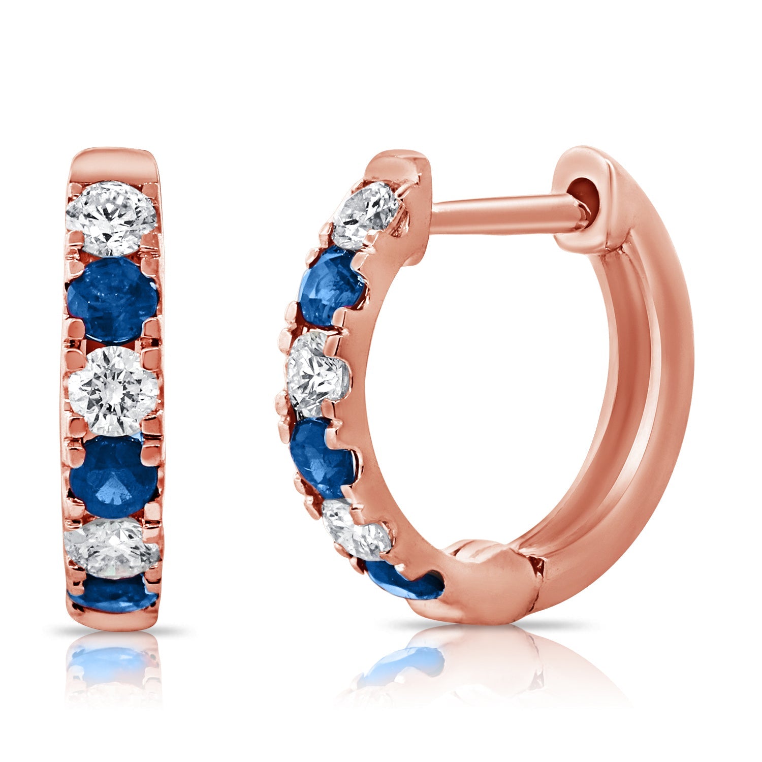 14K Gold Diamond & Sapphire Alternating Huggie Earrings-Rose