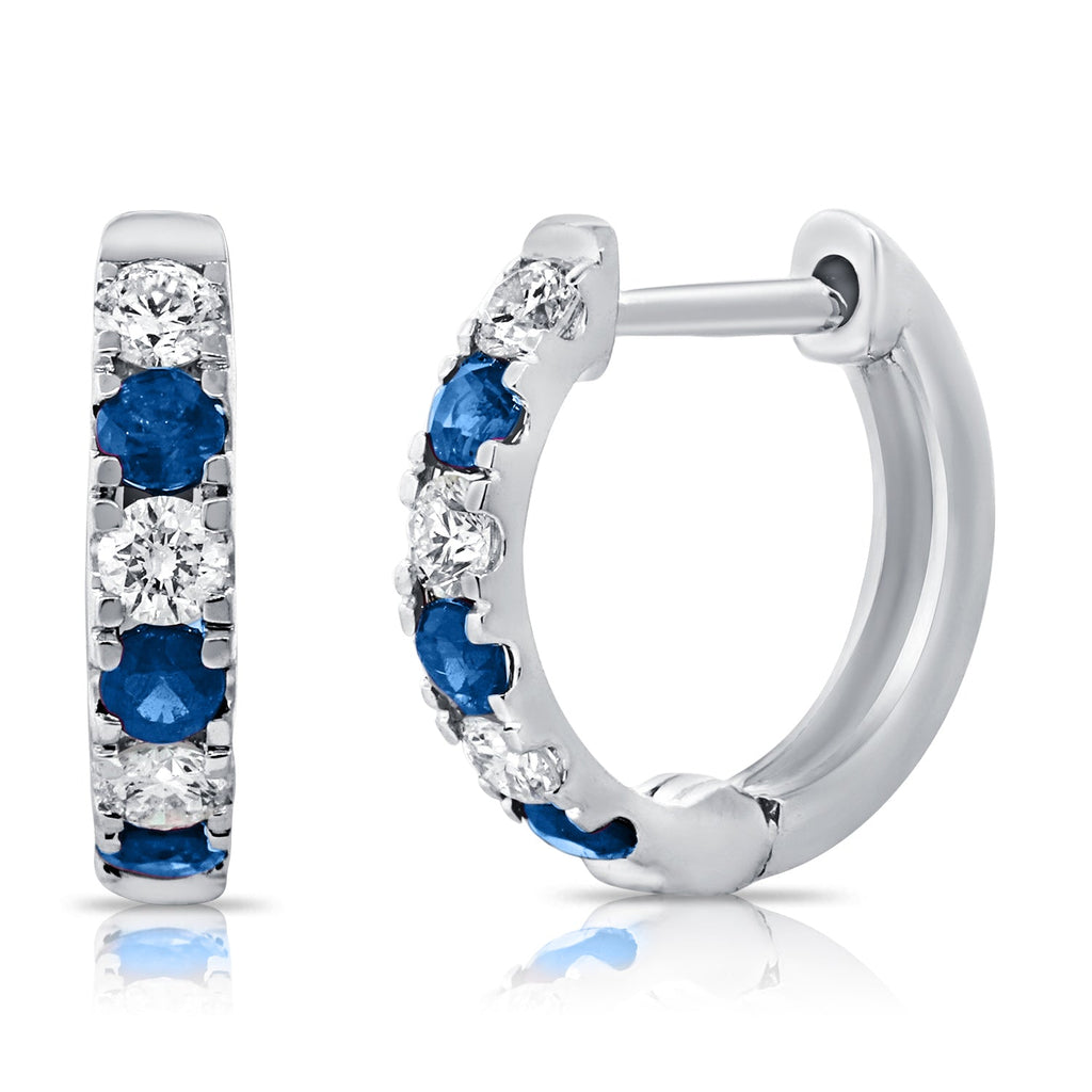 14K Gold Diamond & Sapphire Alternating Huggie Earrings-White