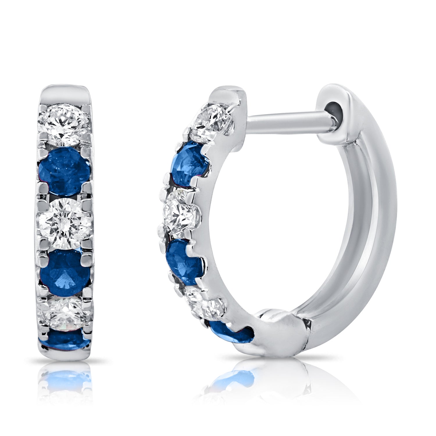 14K Gold Diamond & Sapphire Alternating Huggie Earrings-White