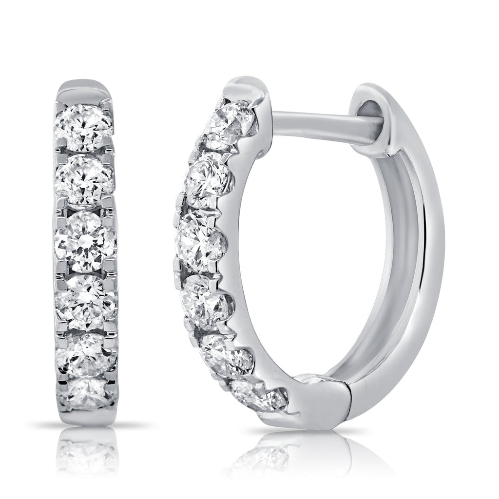 14K Gold Diamond Huggie Hoop Earrings - White
